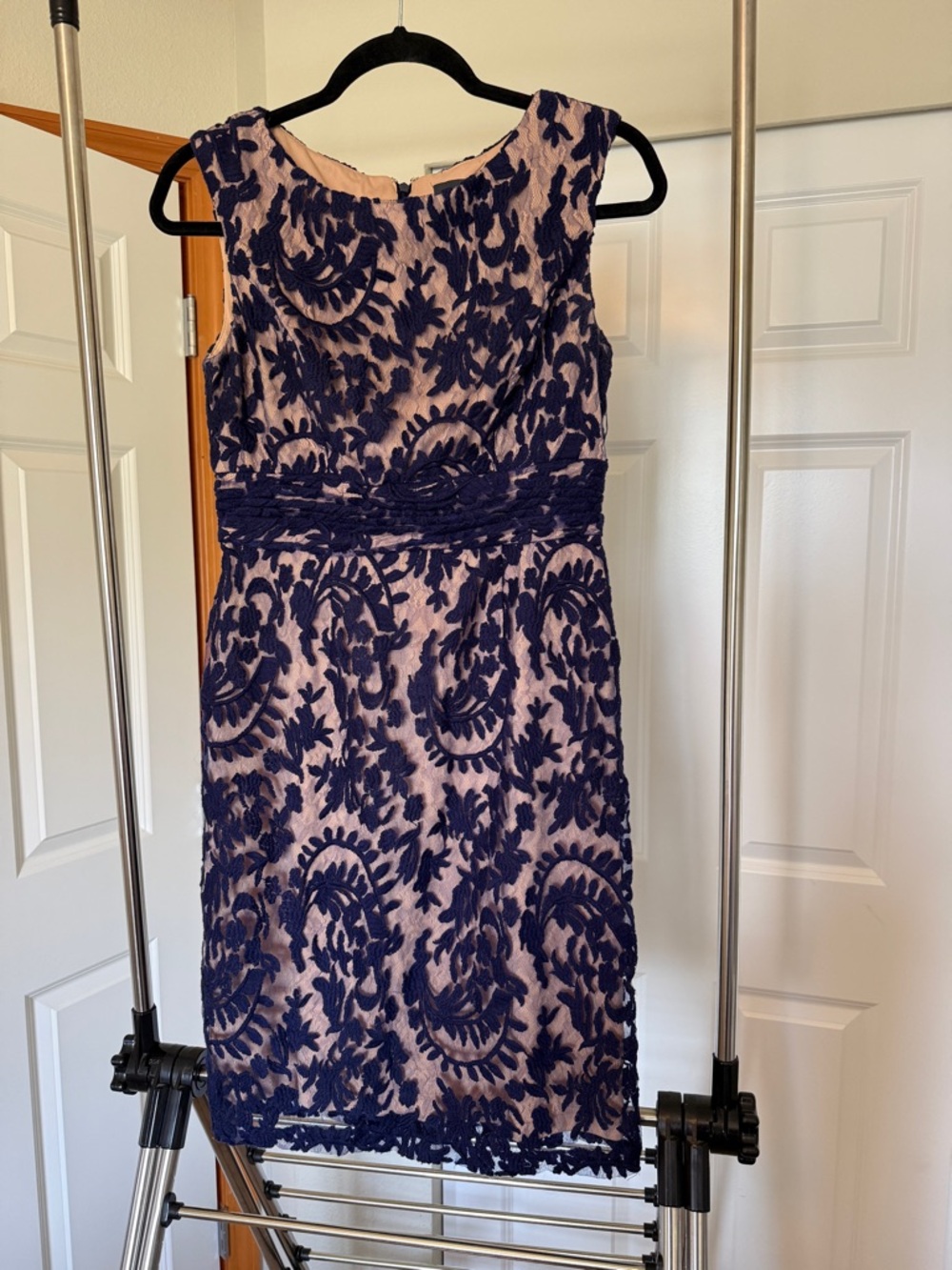 Adrianna Papell Navy Lace Overlay on Blush Midi Dress